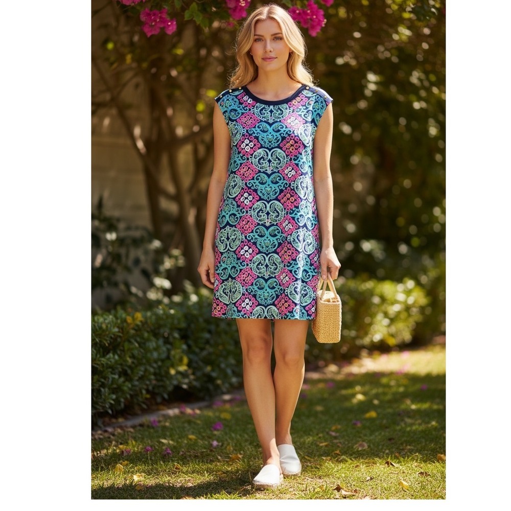 Lilly Pulitzer Womens S‎ Navy Pink Sleeveless Shift Dress Button Coastal Prep